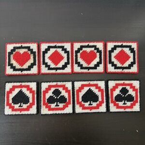 VINTAGE Handcrafted Cross‎ Stitch Playing Card Coasters | Set of 8 Poker